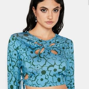 ANOTHER REASON Blue and Green Floral Lace-Up Long Sleeve Crop Top Fits a Small